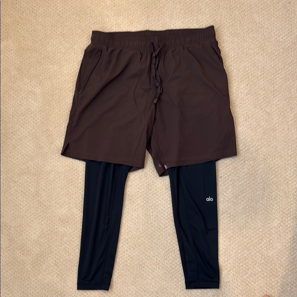 ALO Yoga Men's Brown Athletic Shorts with Black Compression Leggings